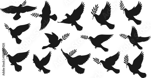 Silhouette vector illustration of flying doves holding olive branches, symbolizing peace, hope, freedom, unity, ideal for religious artwork, charity campaigns, 