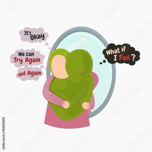 Soft illustration of hijab girl embracing her own reflection with encouraging words. Flat pastel style. Ideal for self growth themes and journaling layouts.