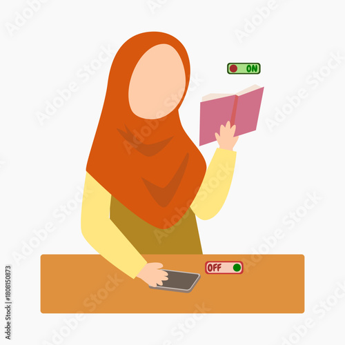 Calm illustration of a hijab girl doing social detox by switching off her phone and choosing reading time. Clean flat style. Great for wellness content and planner visuals.