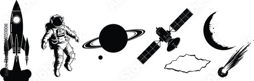 Space exploration vector illustration with rocket, astronaut, planets, satellite, moon, and meteor in black silhouette style for science, education, technology, and astronomy designs