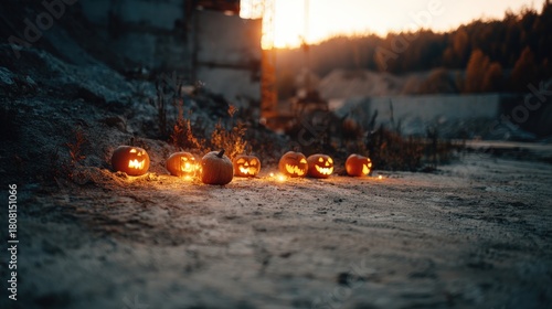 Multiple carved glowing gourds illuminate a dirt path during twilight in an outdoor area.