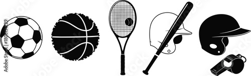 Sports equipment vector illustration set featuring soccer ball, basketball, tennis racket, baseball helmet, bat, whistle and athletic icons for training, coaching and team sports