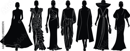 Set of elegant fashion models silhouettes walking on runway wearing evening gowns and stylish clothes, isolated on white background, vector illustration for design
