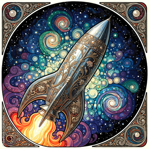 art nouveau illustration of fanciful decorated rocket blasting off into swirling cosmos