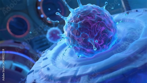 A glowing, electrically charged cell-like structure floating above a futuristic platform with circular patterns and ambient lighting.