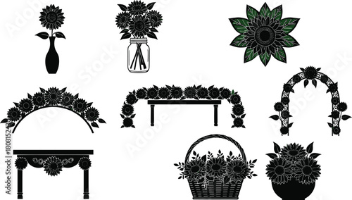Sunflower floral arrangement vector collection with vases baskets table decor and wedding arch designs, perfect for invitations crafting laser cutting farmhouse home decor projects
