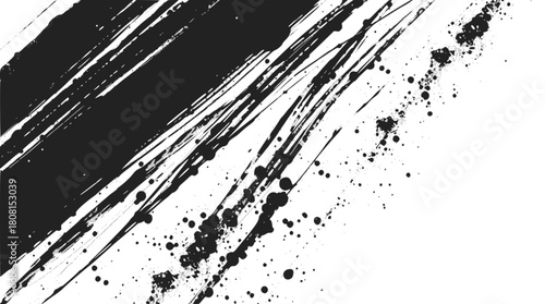 Abstract black ink brush strokes and splatters isolated on