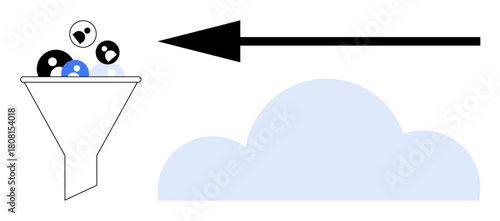 Data filtering process. Funnel collecting user profiles redirects data toward a cloud storage. Data filtering essential for digital organization, cybersecurity, and analytics. For cloud computing
