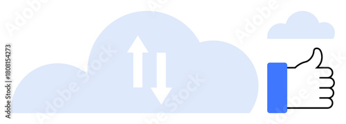 Cloud computing concept. Cloud storage with upload and download arrows next to thumbs up icon for approval and efficiency. Cloud computing for data sharing, backups, IT, collaboration, and remote