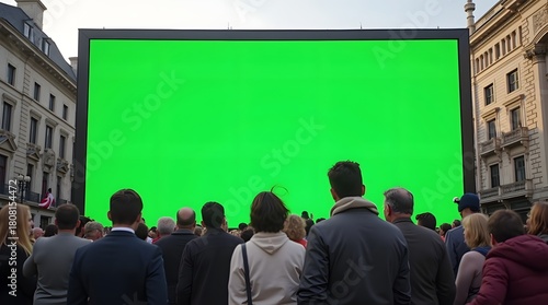 Commercial Display Mockup: Green Screen Billboard with Crowd in the City