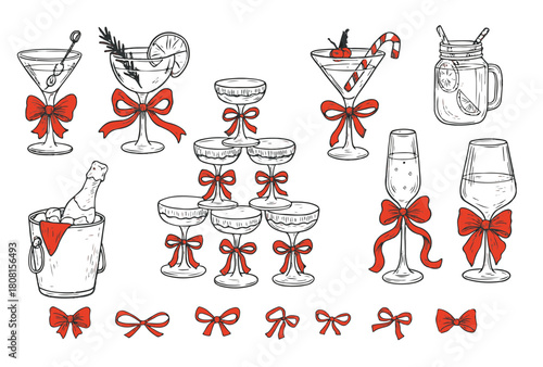 Hand Drawn Christmas Cocktail Vector Collection with Red Ribbons - Holiday Drinks in Line Art Style