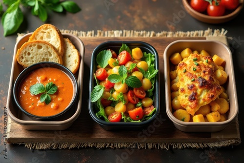 A healthy and delicious meal prep featuring savory soup, vibrant salad, and baked protein with roasted vegetables, perfect for a balanced lunch or dinner.