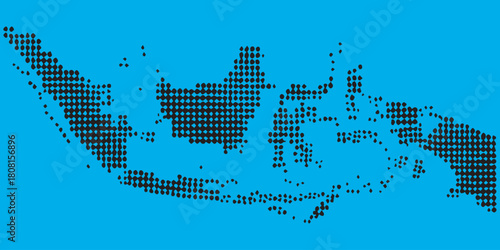 Pixelated map of Indonesia against a blue background, showing the archipelago's islands.