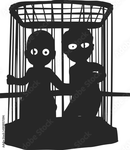 Silhouette of two people inside a cage, concept of restriction, trapped freedom, imprisonment, emotional confinement, dark art vector illustration design.