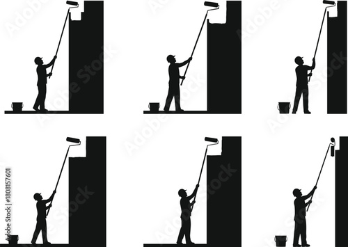Silhouette painter with roller, wall painting stages, construction worker illustration, renovation concept, black and white vector art, industrial design theme
