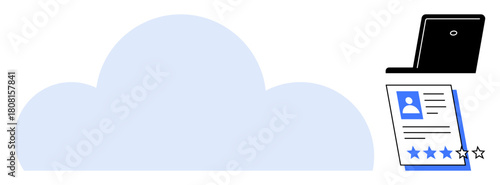 Cloud icon connected to a laptop and a candidate profile with a five-star rating system. Ideal for recruitment, digital hiring, cloud services, HR tech, data management, job applications, simple flat