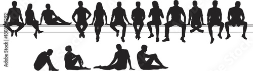 Silhouette people sitting on beam and ground, introspective posture, social contrast, minimal design, abstract group composition, elevated and grounded seating concept