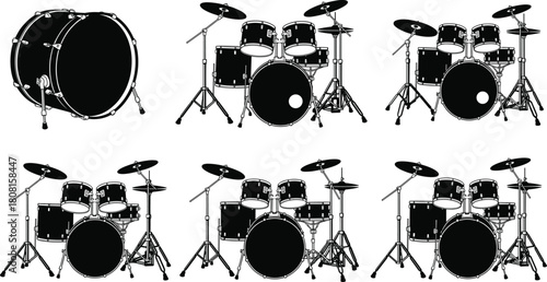 Silhouette set of drum kits and percussion instruments for music design, vector illustration showing different drum sets for concert, band, and studio use