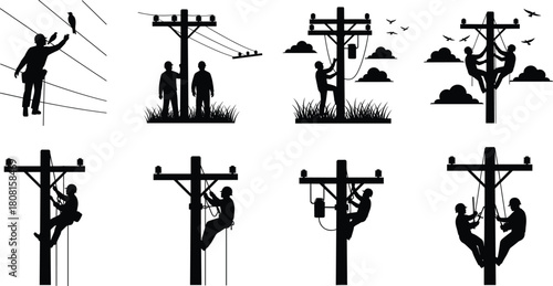 Silhouette set of electrical linemen working on power poles, repairing utility lines, performing maintenance and safety tasks for energy infrastructure, teamwork industry illustration collection