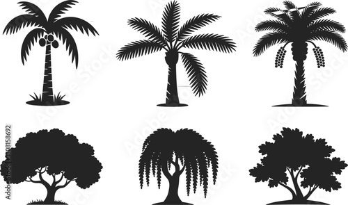 Silhouette tropical and forest trees collection, palm tree vector set, black tree icons isolated, nature illustration design for landscape decoration