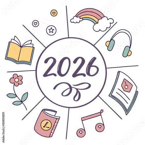 New Year 2026 Goals and Resolutions Circle Design with Doodle Icons