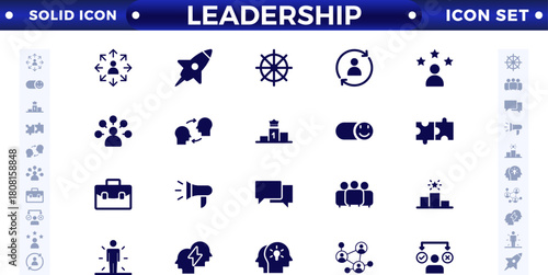 Leadership solid Icons set. Vector illustration in modern solid style of management icons: leader, delegation, control, responsibility, and more. Pictograms and infographics.
