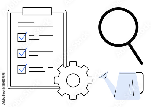 Checklist with completed tasks, gear for process, magnifying glass for focus, and watering can for nurturing. Ideal for productivity, planning, growth, management, efficiency organization focus