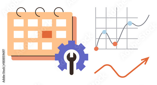 Calendar with highlighted date, gear for settings or collaboration, and graph with upward trend. Ideal for planning, strategy, project management, data analysis, optimization, progress tracking