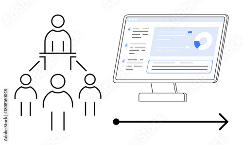 Minimalist representation of team hierarchy connected to a digital dashboard displaying analytics. Ideal for teamwork, management, strategy, data, workflow, business growth, and decision-making. A