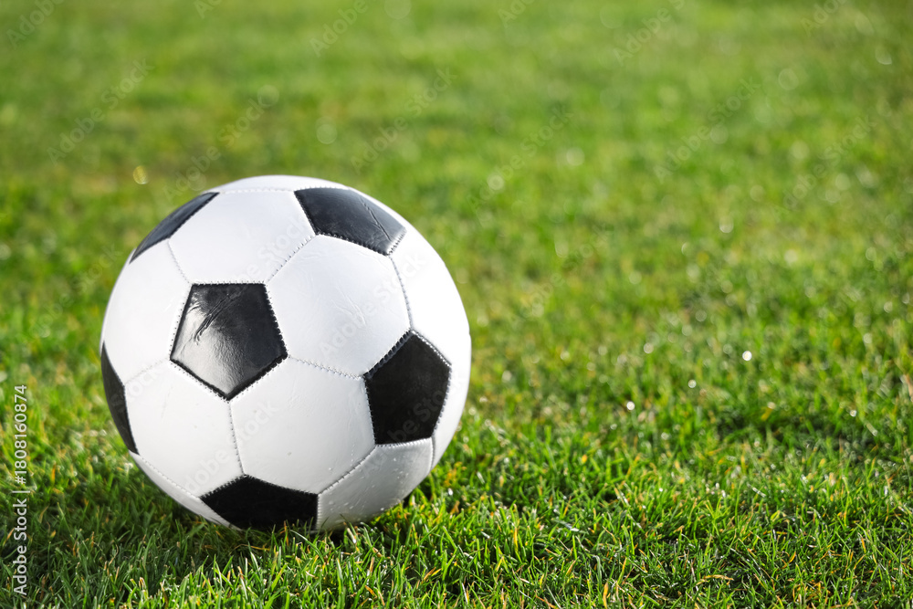 Fototapeta premium Soccer ball on green stadium grass, closeup