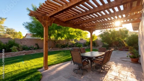 Wooden pergola patio backyard green lawn sunlight outdoor living space residential design