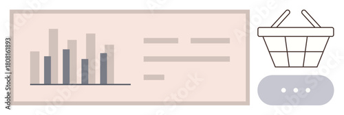 Bar graph paired with a shopping basket beside a text dashboard, symbolizing e-commerce analytics. Ideal for retail, sales, marketing, data, business growth, online shopping analysis. Simple flat