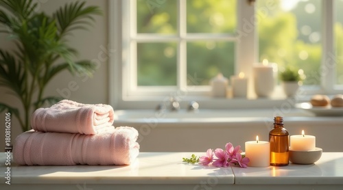 Serene Bathroom Sanctuary Soft Pink Towels, Aromatic Oils, and Gentle Candlelight Create a Relaxing Atmosphere
