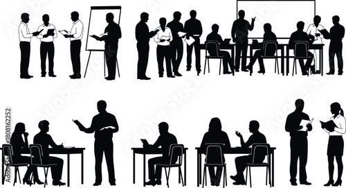 “Business meeting silhouettes showing teamwork, discussion, collaboration, corporate presentation, office training session, professional group communication and workplace interaction in modern 