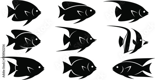 “Collection of elegant fish silhouette icons, tropical aquarium species, minimal black vector illustration set, decorative aquatic animal designs for professional graphic projects”