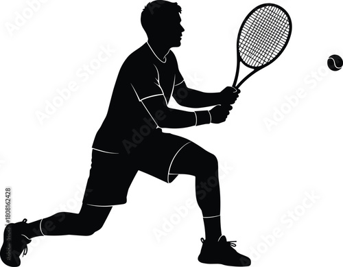 “Silhouette of athletic tennis player hitting forehand shot in dynamic action pose, detailed racket and ball, sports vector illustration, competition 