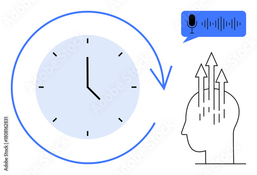 Time management concept. Clock time efficiency and human mind with growth indicators. Time management for brainstorming, creativity, productivity apps, scheduling tools, workflow solutions