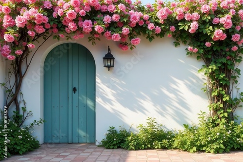 A serene scene of a charming teal door framed by vibrant pink climbing roses and lush greenery, bathed in sunlight against a white wall