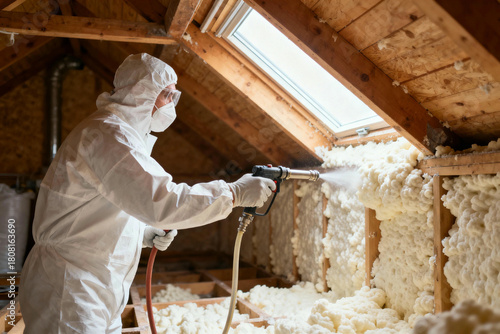 A worker in protective gear applies spray foam insulation to the interior of an attic, ensuring a well-insulated and energy-efficient living space.