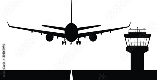 Airplane landing at airport runway with control tower silhouette, aviation travel concept vector illustration, modern air transport design for flight and transportation industry