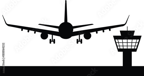 Airplane landing on runway with control tower vector illustration, aviation concept, travel and airport infrastructure design, flight arrival silhouette graphic for transportation theme