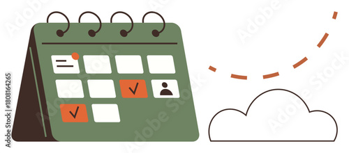 Green desk calendar with a cloud, marked dates, and user profile for planning and productivity. Ideal for time management, scheduling, deadline tracking, appointments, organization, reminders