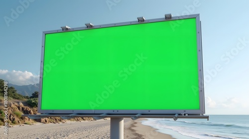 Commercial Display Mockup: Green Screen Billboard near a Beach
