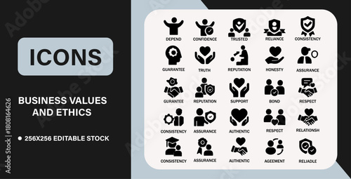 Collection of icons representing business values and ethics