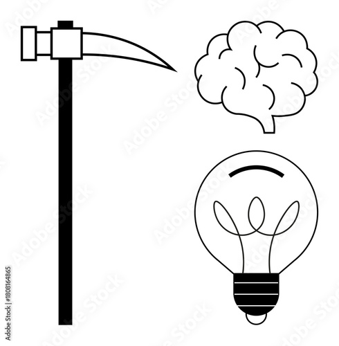 Brain, light bulb, and pickaxe symbolize creativity, innovation, effort, problem-solving, intellectual labor, teamwork and productivity. Ideal for strategy invention leadership education