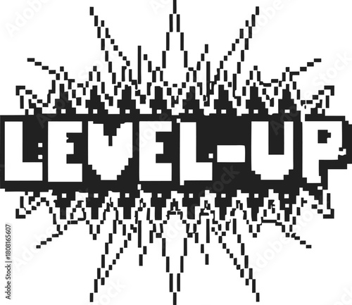 Level up pixel art explosion icon retro gaming style, arcade progress, achievement concept, black and white graphic illustration