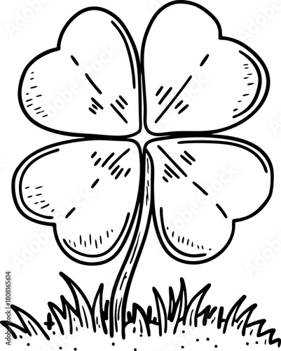 Four leaf clover sketch, hand drawn botanical illustration lucky shamrock symbol in black and white, isolated on white background