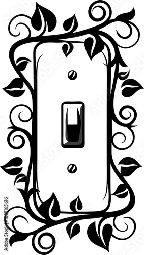 Decorative light switch covered in swirling vine design elegant botanical motif, vintage ornate floral leaves, black and white illustration