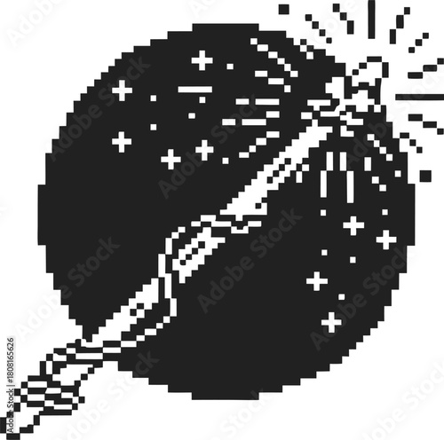 Pixel art magic wand casting sparkling spell retro fantasy illustration, wizard tool emitting light and stars, vintage 8 bit design