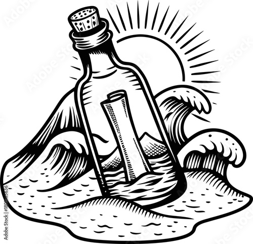Message in a bottle washed ashore with ocean waves and sun communication, hope, adventure, discovery, vintage illustration